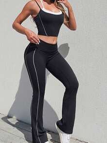 Alo Yoga Nude-Feel Strappy Backless Yoga Set, Quick-Drying, Versatile Fitness Sports Wide-Leg Pants Set, Tank Top + Pants - màu đen - Xem 3