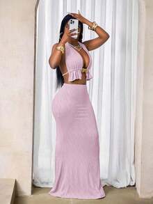 Conjunto de top halter metálico calado y minifalda para mujer - Rosa - Ver 3