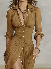 Women's New Spring-Summer Fashion Elegant Solid Color Collared Pleated Button Long-Sleeve Shirt Dress, Suitable For Suburban Travel, Dates, Parties, And Everyday Wear - Coffee - View 2