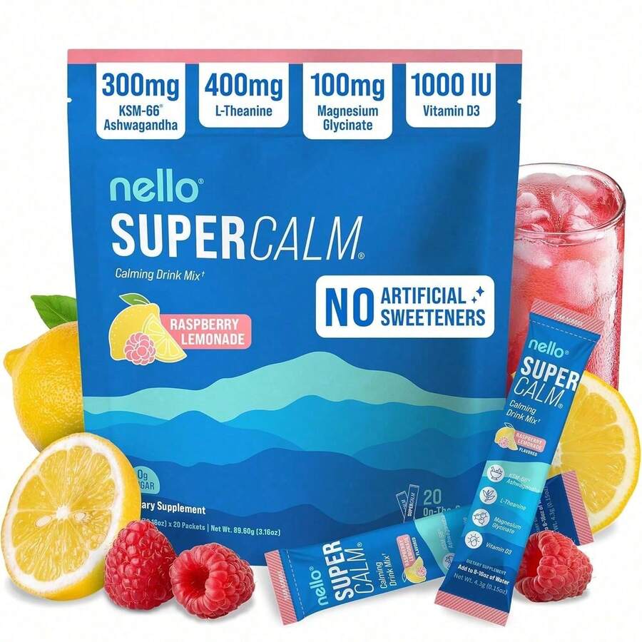 Nello Supercalm Powdered Drink Mix, Cortisol Reducer*, Sleep Aid Supplement, L Theanine, Ksm-66 Ashwagandha, Magnesium Glycinate, Vitamin D 3, No Sugar, Non GMO, 20 Ct, Strawberries & Cream Vitamins Supplements Chlorophyll Creatina Monohidratada Vitamins Probiotics For Women Protein Powder Quick Ship Items Creatina Colageno - 覆盆子檸檬水 - 查看 1