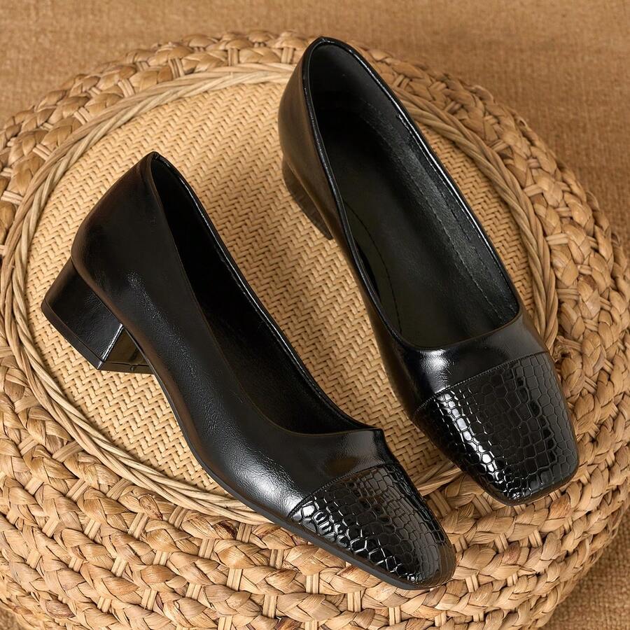 Women's Elegant Crocodile Embossed Toe Low Block Heel Slip-On Pumps, Versatile Office Work Shoes - Black - View 1