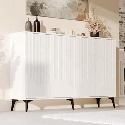 (=N625P210458459W) White Sideboard, 160 Cm Wide, Multifunctional Sideboard, Chest Of Drawers, Highboard With Adjustable Shelves, 4 Doors, Metal Legs