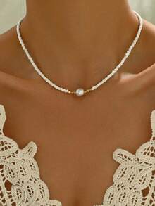 1pc Minimalist Classic Multi-Color Beaded Choker Necklace, Suitable For Women's Party And Daily Wear - trắng - Xem 1