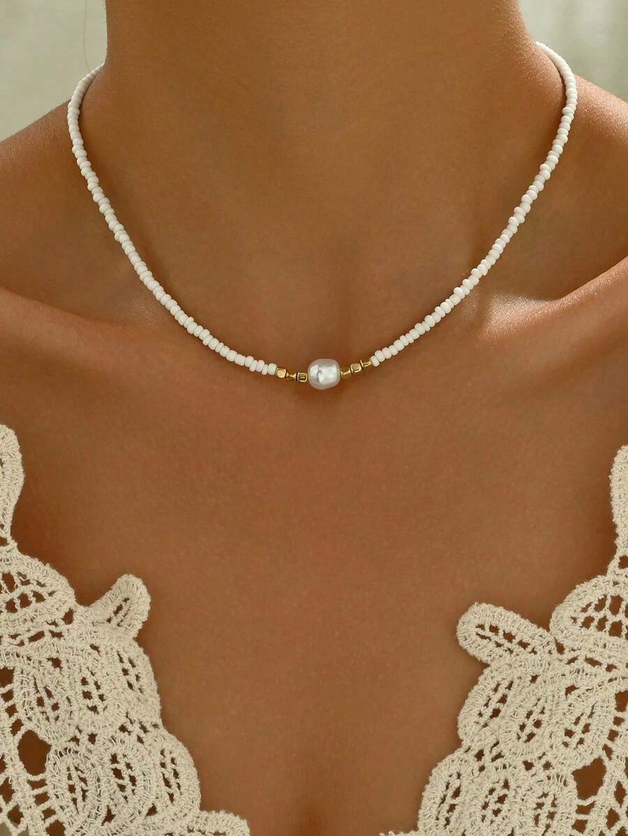 1pc Minimalist Classic Multi-Color Beaded Choker Necklace, Suitable For Women's Party And Daily Wear - trắng - Xem 1
