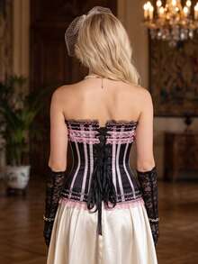 Corsets For Women Lace Trim Lingerie Tops Bow Lace Up Corsets Bustier Lingerie Bodyshaper Top - 粉色 - 查看 3