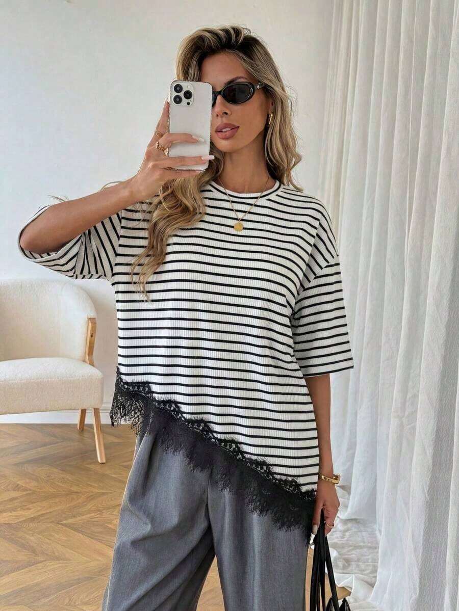 LUNE Camiseta casual de mujer con dobladillo asimétrico de encaje de unicolor, uso básico diario, blusa casual de primavera/verano para vacaciones de mujer, vacaciones de verano para mujer, primavera para mujer, vacaciones de primavera, top para ir a la playa - Blanco y Negro 5 - Ver 1