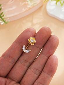 1件不锈钢花朵肚脐环，镶嵌闪亮锆石，可爱肚脐穿刺饰品，适合日常佩戴 - 一朵花 - 查看 4