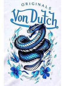 Urban  Sense 1PCS Men Creative Short Sleeve Print T-Shirt Blue Dragon And Flower Pattern With Vons Dutch Text Casual Wear Soft Fabric Breathable Print T-Shirt Summer Style 2026Father's Day Gift, Valentine's Day Gift VZYE - 白色 - 查看 2