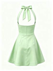 Women's Halter Neck Cinched Waist Casual Dress, Vacation & Commute Friendly, Spring/Summer - Green - View 2