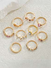 Set Cincin Zirkonia Bunga Huruf LOVE Y2K 9pcs, Hadiah Pesta Wanita (Dapat Dibuka dan Disesuaikan) - Yellow Gold - View 4
