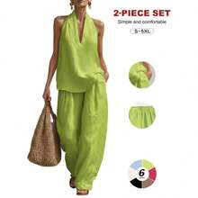 2026 Sexy Halter Backless Two Piece Set, V-Neck Top & High Waist Wide Leg Pants, Summer Boho Beach, Long Sleeve, Loose-Fit - Xanh đậm - Xem 6