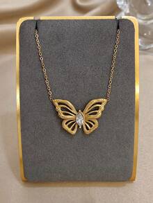 1Pc 18k Gold Plated Stainless Steel Butterfly Pendant Necklace For Women Ladies, Summer Bohemia Beach Stainless Steel Jewelry, Vacation Season, Gifts For Mom, For Daily Party Dates Gala Wedding Valentine Anniversary Music Festival Christmas, Dates, Easter Day - Multicolor - View 2