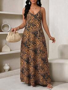 Lady Vestido de verano casual de tirantes finos con estampado de cuadros, vestido de playa, vestido de fiesta, vestido de invitada de boda para mujer, vestido de festival de verano - Amarillo - Ver 3