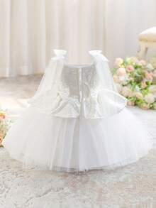Baby Girls Thick Strap Bow Jacquard Fabric & Mesh Patchwork Cute Flower Girl Dress, Suitable For Birthday Celebration, Headband Not Included - White - View 4