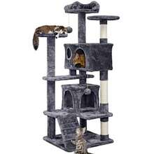 54in Cat Tree Multi-Level Cat Tower With Spacious Kitten-Ear Perch 2 Cozy Caves Scratching Posts Climbing Ladder 2 Plush Balls Durable Pet House Furniture For Indoor Kittens Dark Gray - 深灰色 - 查看 8