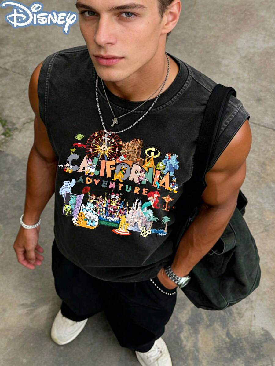Disney Officially Licensed California Adventure Washed Sleeveless Tank Top, Retro Park Landmark Graphic Tee, Vintage Oversized Casual Muscle Shirt, Perfect For Theme Park Trips & Fans - 黑色 - 查看 1