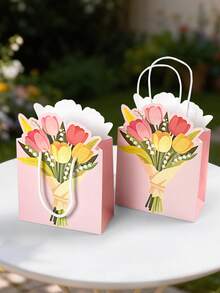 5个/1个清新INS风粉色郁金香花卉礼品袋，少女粉嫩美学高品质包装袋，浪漫法式乡村风奢华礼品包装，简约柔和氛围礼品包装袋，3D打印设计，舒适提手，厚实耐用的白色纸板材质，可重复使用，适用于母亲节、生日、妇女节、闺蜜礼物、婚礼、单身派对、派对回礼等多种场合。 - 多色 - 查看 12