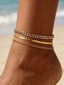 3pcs Stainless Steel 18K Gold Plated Summer Beach Anklet, Suitable For Women Holiday Wear - Multicolor - View 7