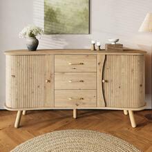 Pea-Shaped Sideboard With Fluted Design, Two Sliding Doors + Three Drawers, Height-Adjustable Compartments, Solid Wood Legs, Wood Look, MDF Material, Modern Scandinavian Style. - Khaki - View 1