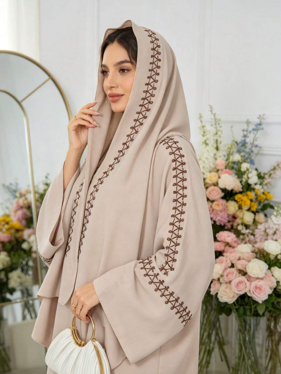 1 Set Embroidered Muslim Hijab, Suitable For Matching Abaya Robe, 3 Color Options Available, Convenient For Muslim Outdoor Wear And Prayer - Multicolor - View 1