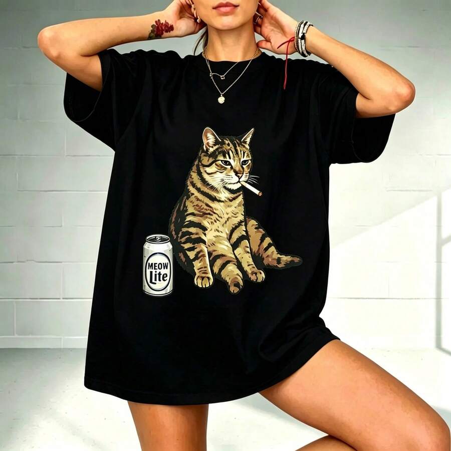 Camiseta cómoda con meme de gato, camiseta divertida de gato para hombres y mujeres, camiseta Meow Lite, camiseta de gato fumando, regalo para amantes de los gatos - Negro - Ver 1
