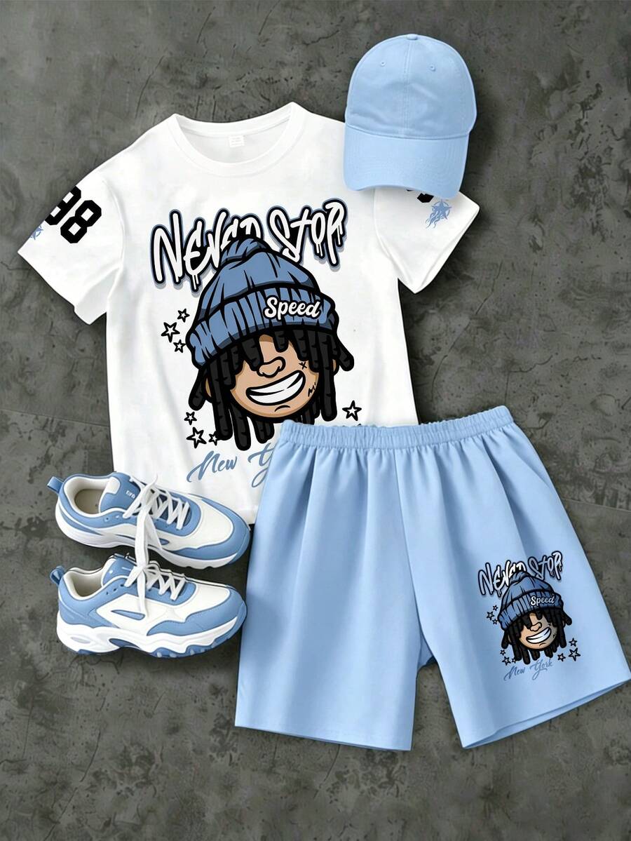 2pcs/Set Teen Boys' Casual Street Style Cartoon Character, Classic City Name New York Text, Flame, Cool Star Print Shorts Sleeve T-Shirt And Short Set, Suitable For Spring/Summer Daily Wear, Commuting, Outdoor Sports, School, And Streetwear - 淺藍色 - 查看 1