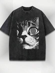 Fun  Cat Print Washed T-Shirt, Soft And Comfortable, Street Graffiti Style,  Brand Vibe, Interesting And Unique, Perfect For Everyday Wear And Casual Outings 4N1K - màu đen - Xem 1