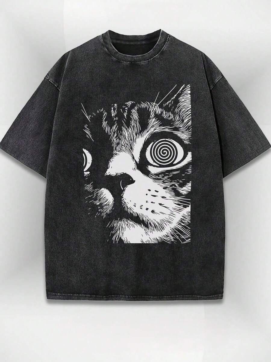 Fun  Cat Print Washed T-Shirt, Soft And Comfortable, Street Graffiti Style,  Brand Vibe, Interesting And Unique, Perfect For Everyday Wear And Casual Outings 4N1K - màu đen - Xem 1