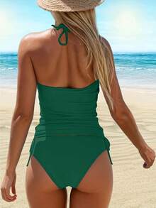 Women'S I Can Buy Myself Flowers Halter Neck Two-Piece Tankini Swimsuit, High-Stretch Pink White Print Beachwear - 綠色 - 查看 3