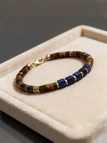 Casual Style Lapis Lazuli/Tiger Eye/Hematite Beaded Bracelet For Men, Attracts Wealth, Abundance And Prosperity, Suitable For Daily Wear - Multicolor - View 3