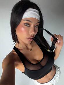 Women's Solid Color Removable Padded Round Neck Backless Sports Knit Bra Black - Black - View 3