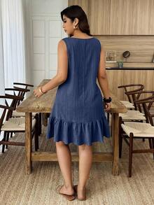 Weeklong Vestido corto sin mangas de línea A con cuello asimétrico, botones, tela texturizada y volante en el bajo, para mujer de talla grande, ropa casual de resort para primavera/verano - Burdeos - Ver 8