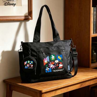Miniso Juego de 2 piezas de bolso de tela grande de capacidad multiusos con estampado temático de Mickey Mouse y sus amigos "Iconic" en color negro, ideal para trabajo, viajes, compras y uso diario, con monedero desmontable y múltiples formas de llevar