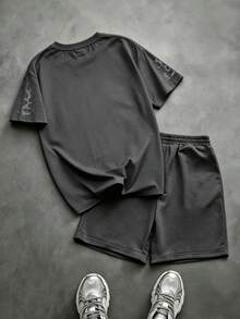 2pcs/Set Tween Boys' Street Fashion Statue Of Liberty & Diamond Pattern Dark Gray Short T-Shirt  And Sprot Short Set, Suitable For Spring/Summer - 深灰色 - 查看 2
