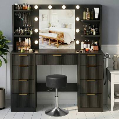 Devoko Vanity Table With LED-Illuminated Mirror And Power Outlet, Black/White, 9 Drawers, 6 Shelves, 8 Jewelry Hooks, 2 Power Outlets, USB & Type-C Port, 3 Color Modes And Adjustable Brightness, Hairdryer Holder, Approx. 108 X 40 X 137 Cm