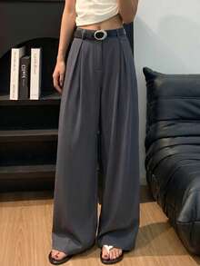 Women's Elegant Non-Stretch Long Pants, Comfortable Loose Fit Solid Color Design - Grey - View 3