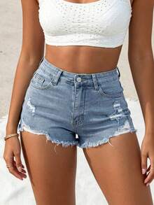 Women's Elastic Denim Shorts For Summer, Fashionable And Sexy, Stretchy Distressed Fitted Beach Denim Shorts With Frayed Hem And Pockets Casual - Light Wash - View 4