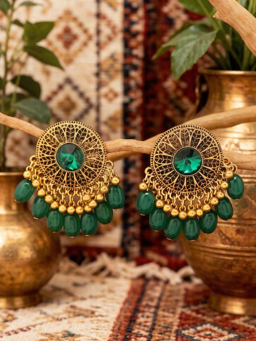 1 đôi bông tai mặt dây chuyền hình tròn rỗng họa tiết hoa pha lê xanh kiểu Bohemian - Nhiều màu - Xem 1
