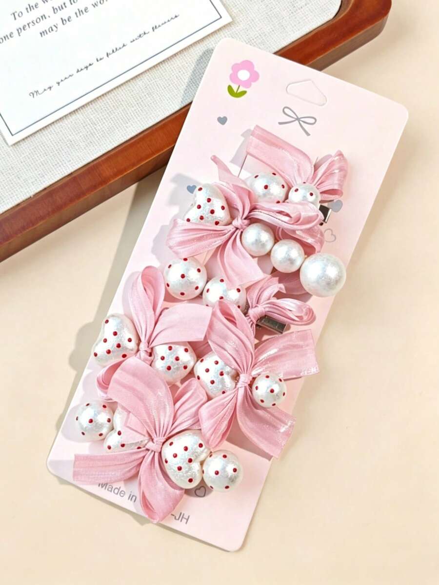 5 piezas Pinzas para el cabello de niña con corazón de perla rosa, lunares y lazo, adecuadas para uso diario - Multicolor - Ver 1