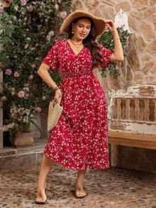 CURVE Vestido de manga corta con cuello en V, cintura ceñida y estampado floral pequeño para uso casual y de vacaciones, tallas grandes, primavera/verano - Rojo - Ver 6