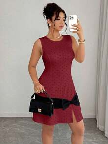 Vestido mini de punto de línea A con contraste de lunares y lazo, elegante y sin mangas, para mujer de talla grande, primavera/verano - Multicolor - Ver 3
