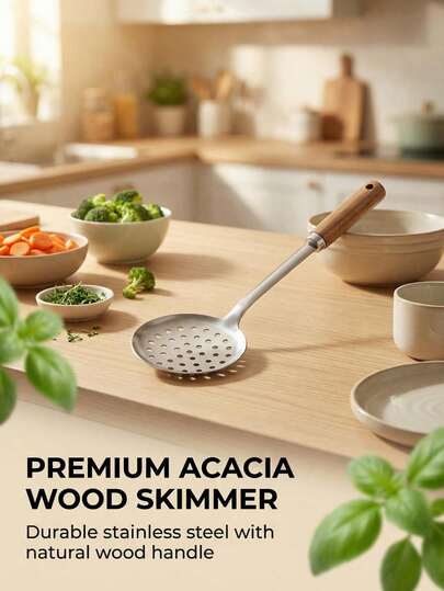1 Piece Of Stainless Steel Kitchenware With Cypress Wood Handles (Spoons, Colanders, Colander Covers): Heat-Resistant And Insulated Handles, Easy To Clean. Suitable For Kitchen Cooking, Draining Soup, Pouring Water, And Stir-Frying During Cooking. Ideal For Family Daily Cooking, Chinese Cuisine, Daily Stir-Frying, Stewing, And Boiling. A Must-Have Kitchen Gadget.