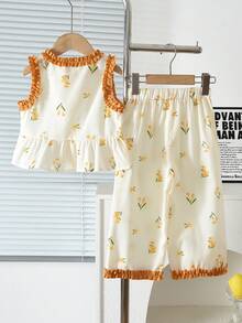 2pcs/Set Young Girl's Fashionable Floral Trim Plaid Vest And Pants Set, Summer - Ginger - View 2