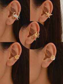 1 pièce Boucles d'oreilles clip-on pour femmes, thème océanique d'été. Motifs de vie marine : étoile de mer, coquillage, faux perle, poulpe. Convient pour la plage, les voyages, les fêtes, les accessoires de bijoux de vacances - Or jaune - Voir 1