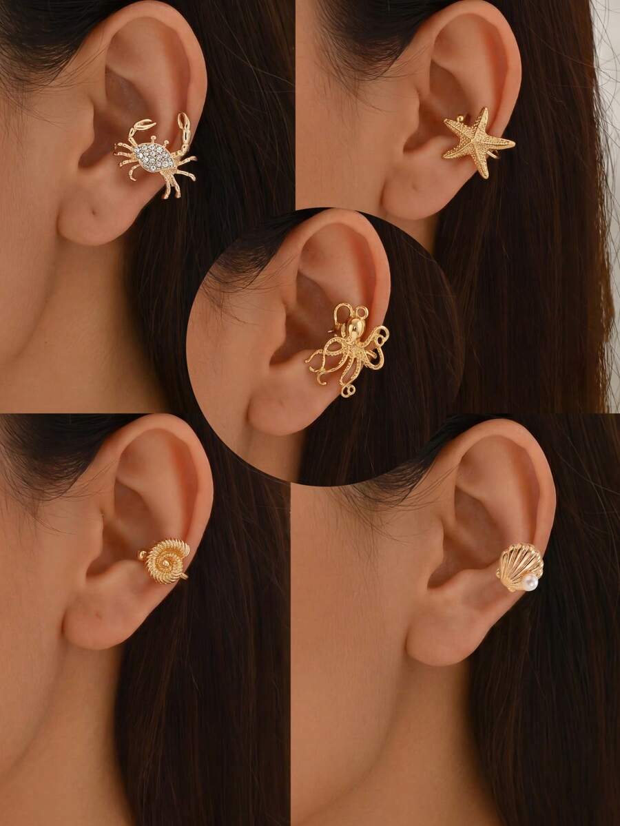 1 pièce Boucles d'oreilles clip-on pour femmes, thème océanique d'été. Motifs de vie marine : étoile de mer, coquillage, faux perle, poulpe. Convient pour la plage, les voyages, les fêtes, les accessoires de bijoux de vacances - Or jaune - Voir 1