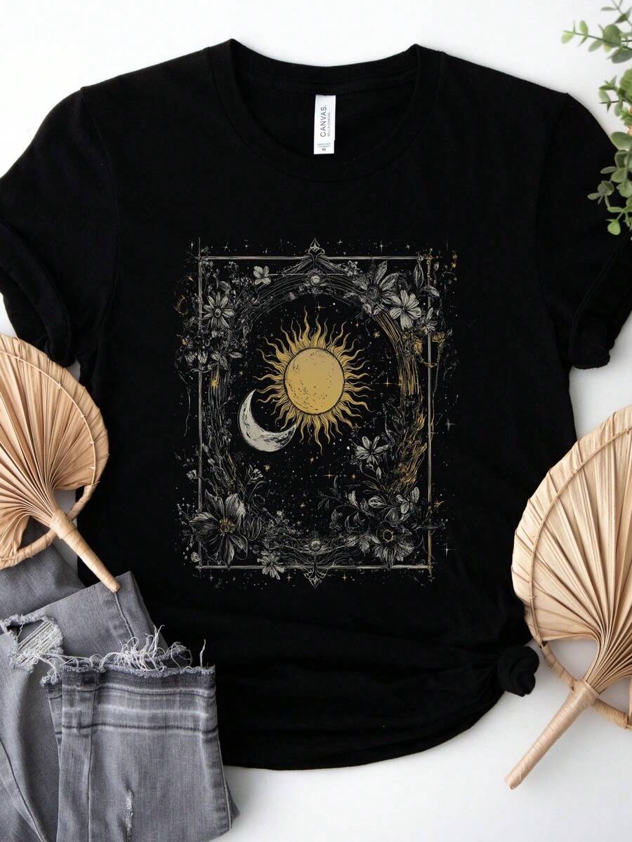 Sun And Moon Botanical T-Shirt - Celestial Boho Graphic Design - Mystical Nature Tee - 黑色 - 查看 1