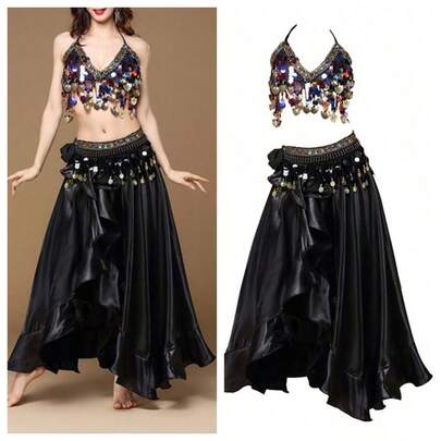 Sequined Halter Neckpiece + Flowy Dance Skirt Underwear + Coin Tassel Waist Chain - Belly Dance Performance Festival Decoration Kit
