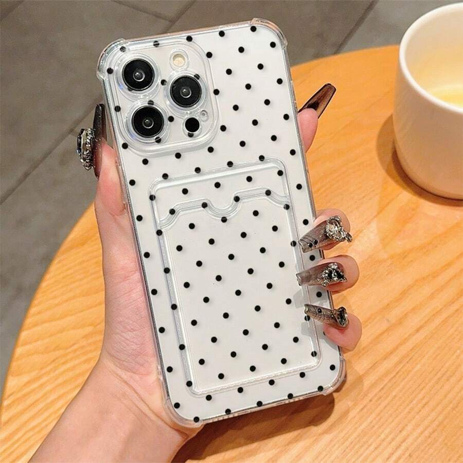 1 pieza Funda de teléfono con textura de cuero y diseño de estampado de lunares negros con impresión UV - Multicolor - Ver 1