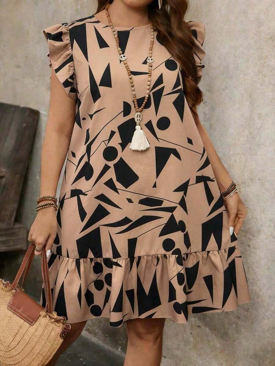 Vestido smock con cuello redondo, mangas cortas, volantes y estampado tropical de plantas para mujer talla grande, vestido casual de vacaciones, vestido bohemio, vestido de Pascua, conjunto de verano para mujer - Caqui - Ver 1