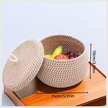 1pc Handwoven Round Storage Basket With Lid, Desktop Organizer For Eggs, Snacks, Sundries, Fruits, Cosmetics - Multicolor - View 13